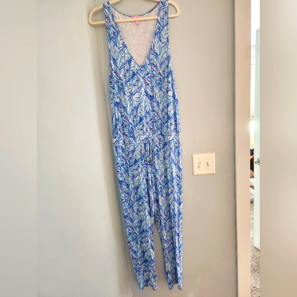 Lilly Pulitzer Blue and Purple Leaf Print Paulina Jumpsuit